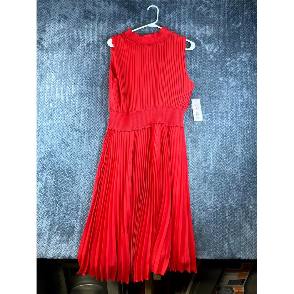 Nanette Lepore Midi Dress Womens 14 Red Smocked Waist Pleated Keyhole Back